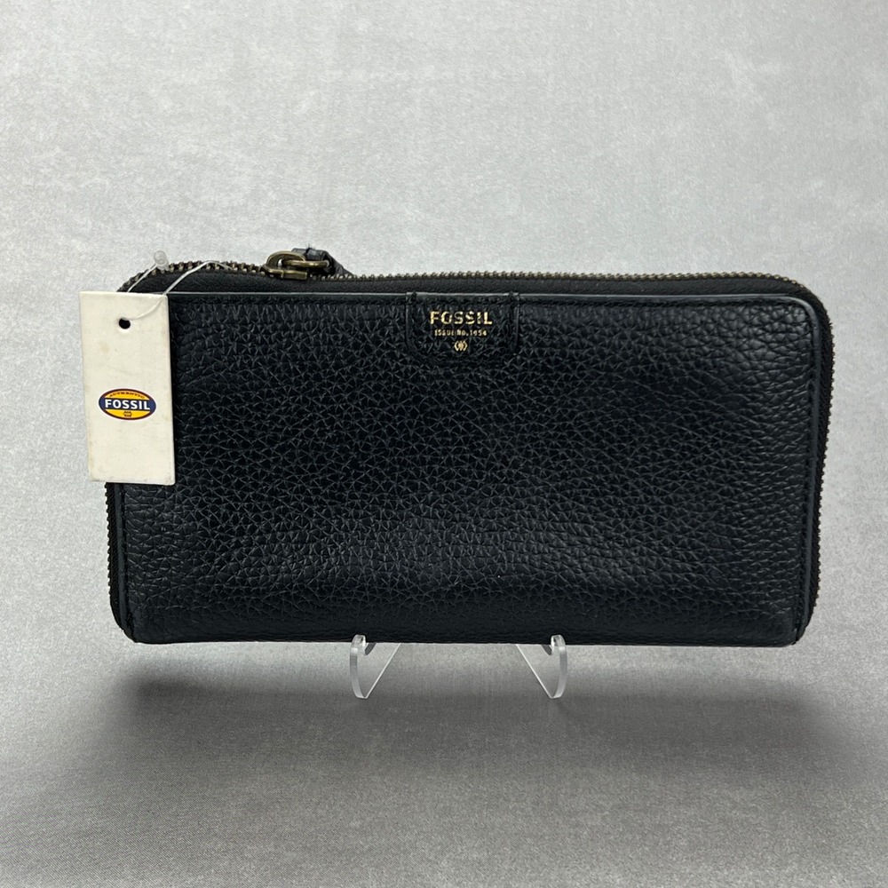 Fossil Mimi Zip Clutch Black Pebbled Leather Zip Around Long Wallet 8" x 4"